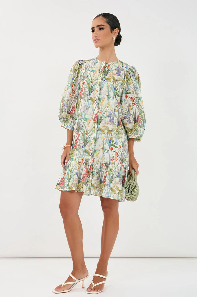 Lauren Floral Ramie 3/4 Sleeve Dress Floral Dresses Adorne