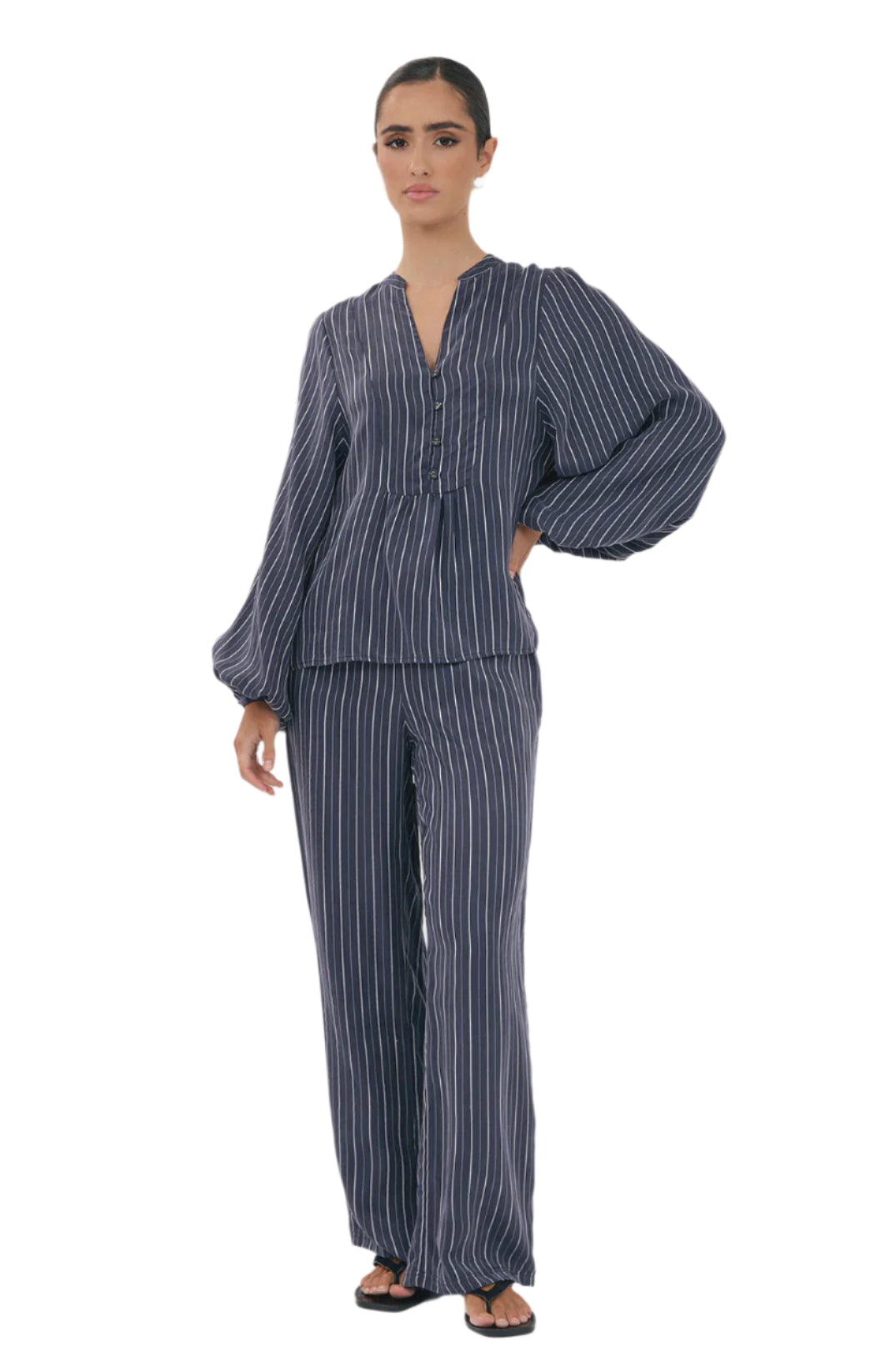 Stevie Striped Cupro Pant Navy Bottoms Adorne