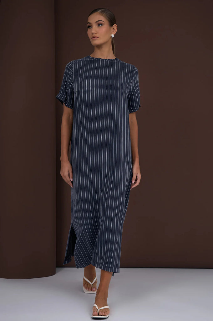 Ryan Striped Cupro Maxi Dress Navy Dresses Adorne