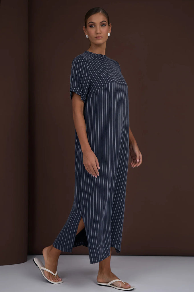 Ryan Striped Cupro Maxi Dress Navy Dresses Adorne