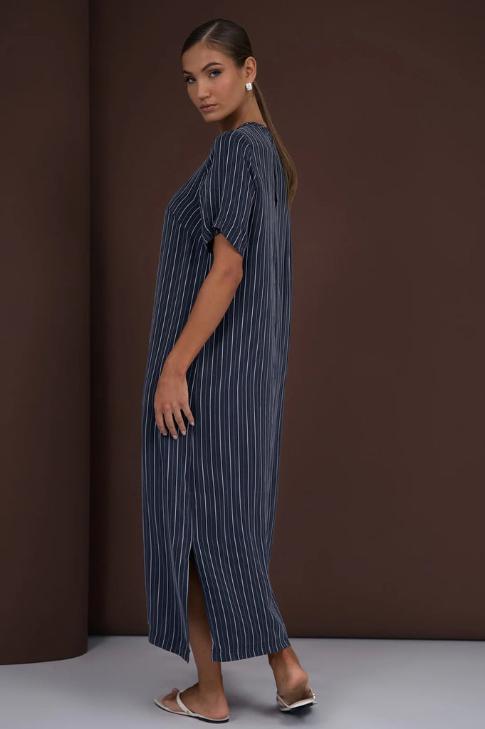 Ryan Striped Cupro Maxi Dress Navy Dresses Adorne