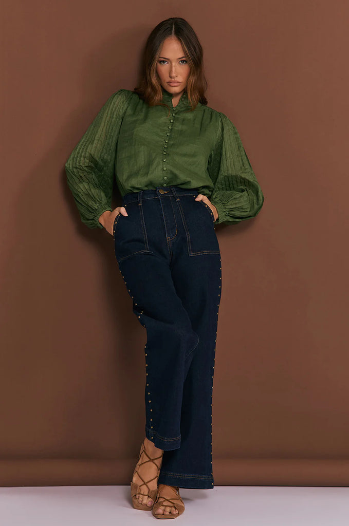 Rosy Pleated Sleeve Shirt Khaki Tops Adorne