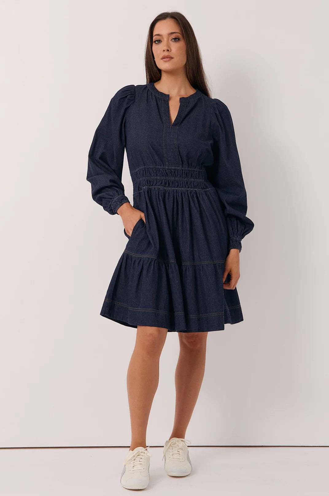 Violette Long Sleeve Short Denim Dress Denim - Global Free Style