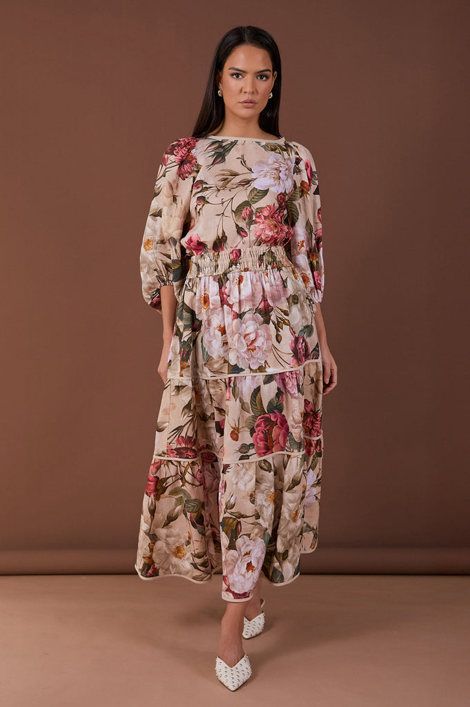 Morgan Tiered Linen Floral Skirt Print Skirts Adorne