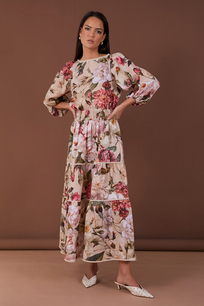 Morgan Tiered Linen Floral Skirt Print Skirts Adorne
