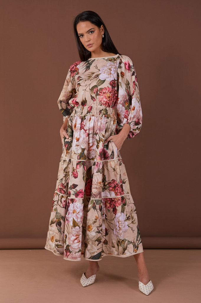 Morgan Tiered Linen Floral Skirt Print Skirts Adorne