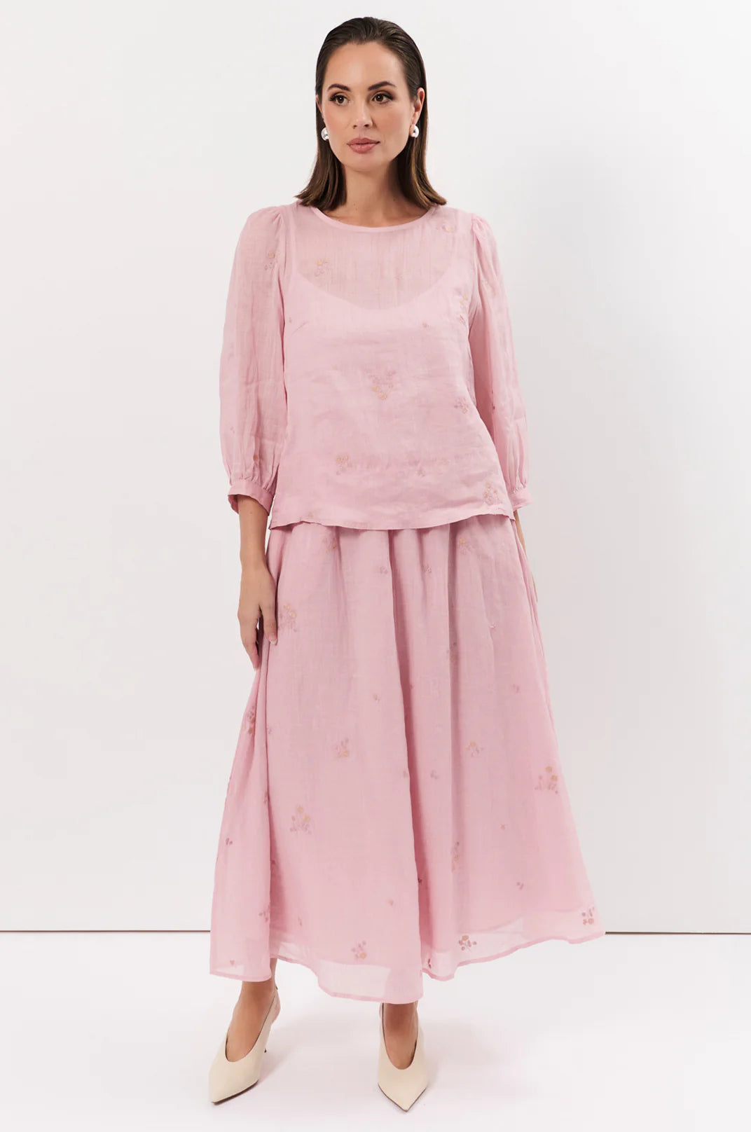 Hannah Embroidered Ramie Top Pink Tops Adorne