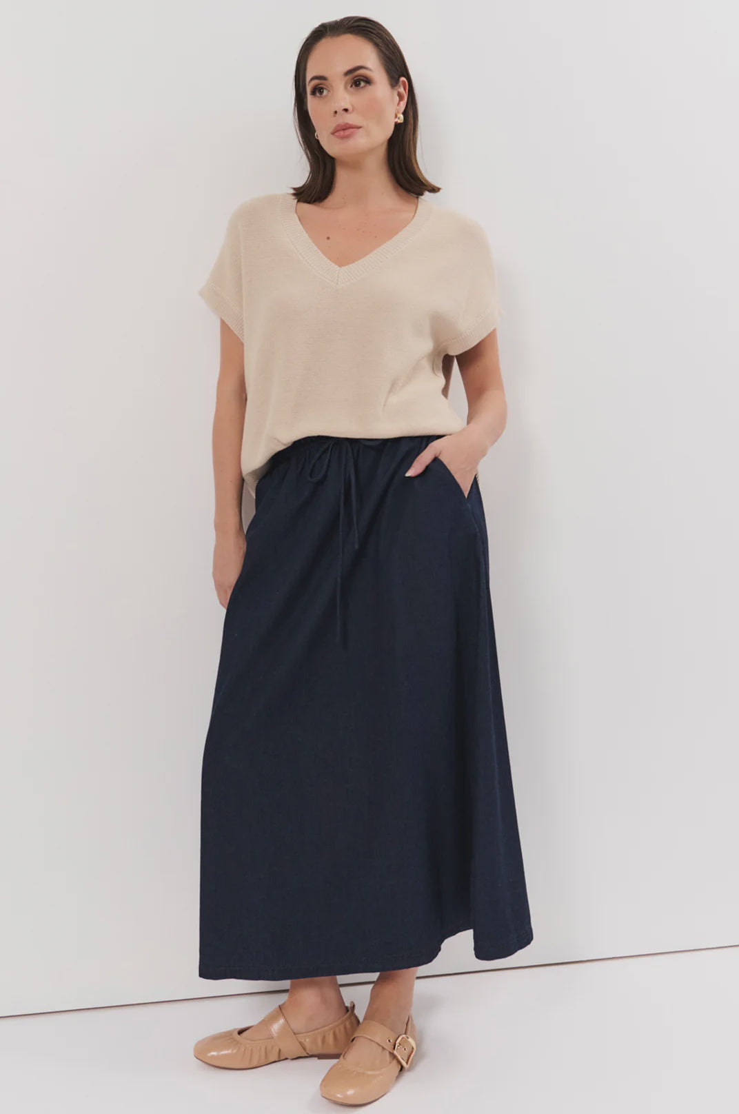 Aspyn Light Weight Denim Midi Skirt Denim - Global Free Style