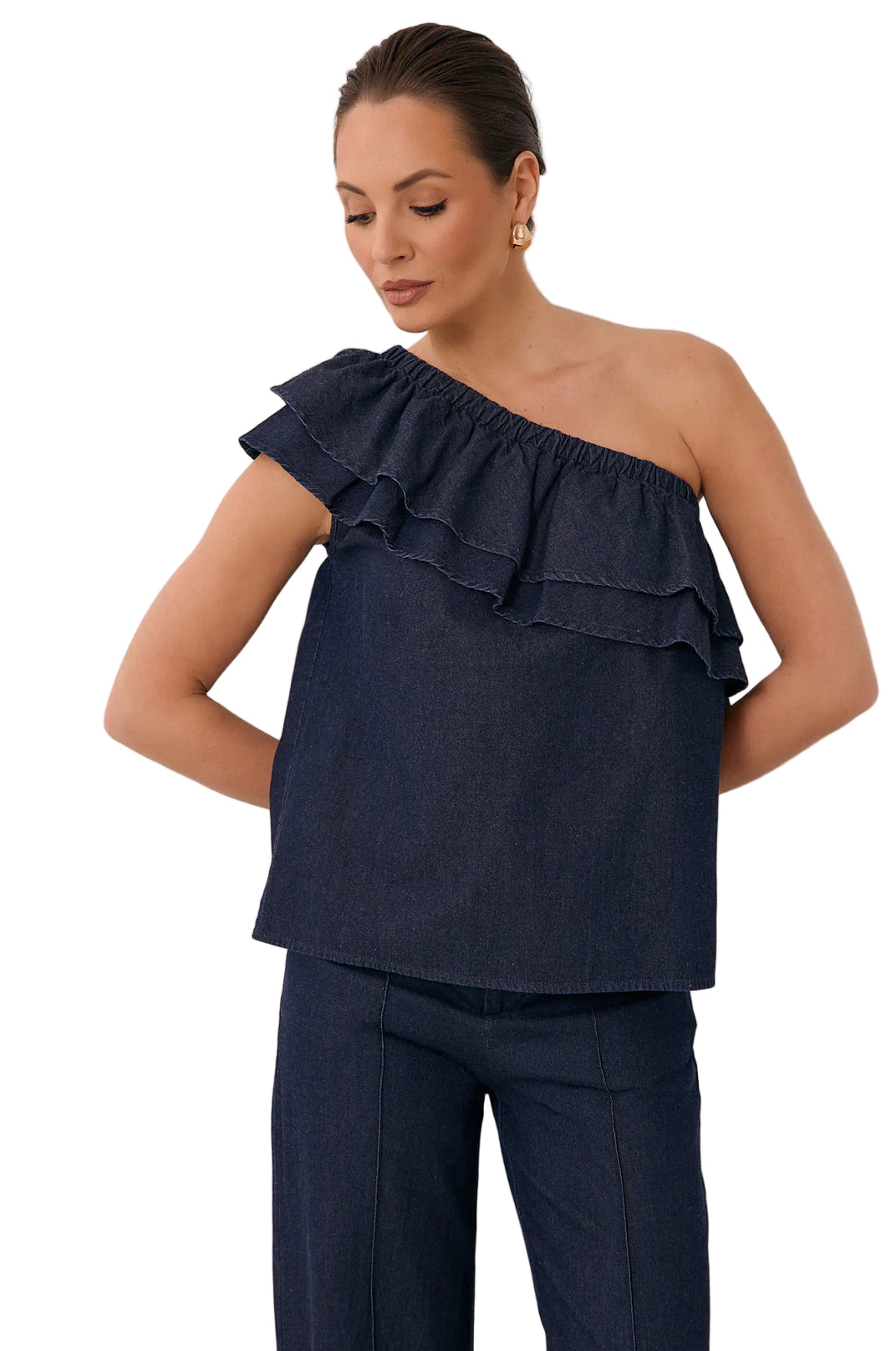 Pippa One Shoulder Light Weight Denim Top Tops Adorne