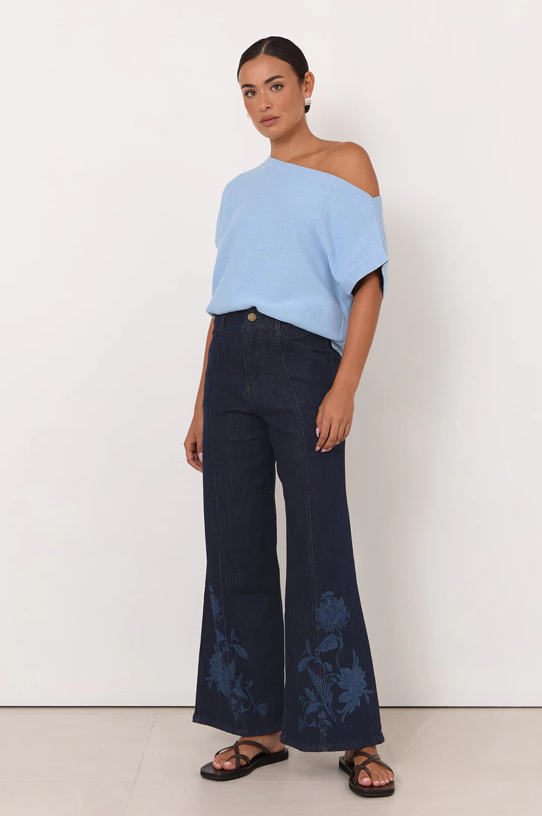 Brody Wide Leg Lazer Print Jean Dark Denim Bottoms Adorne