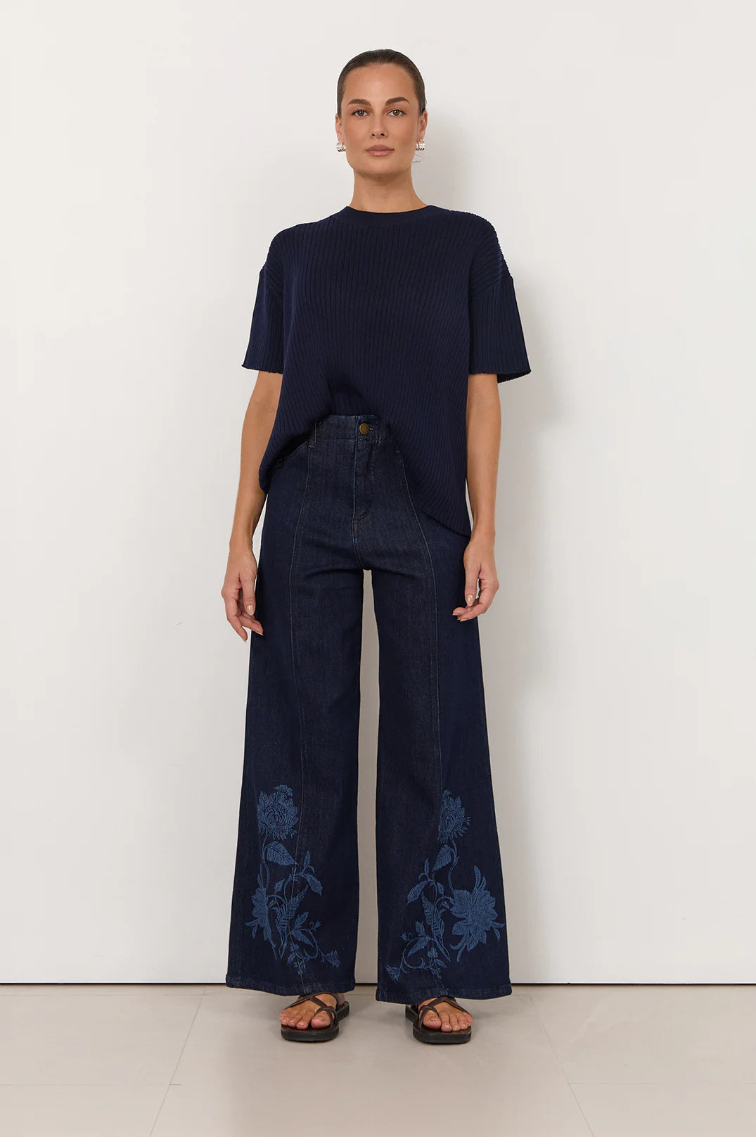 Brody Wide Leg Lazer Print Jean Dark Denim Bottoms Adorne