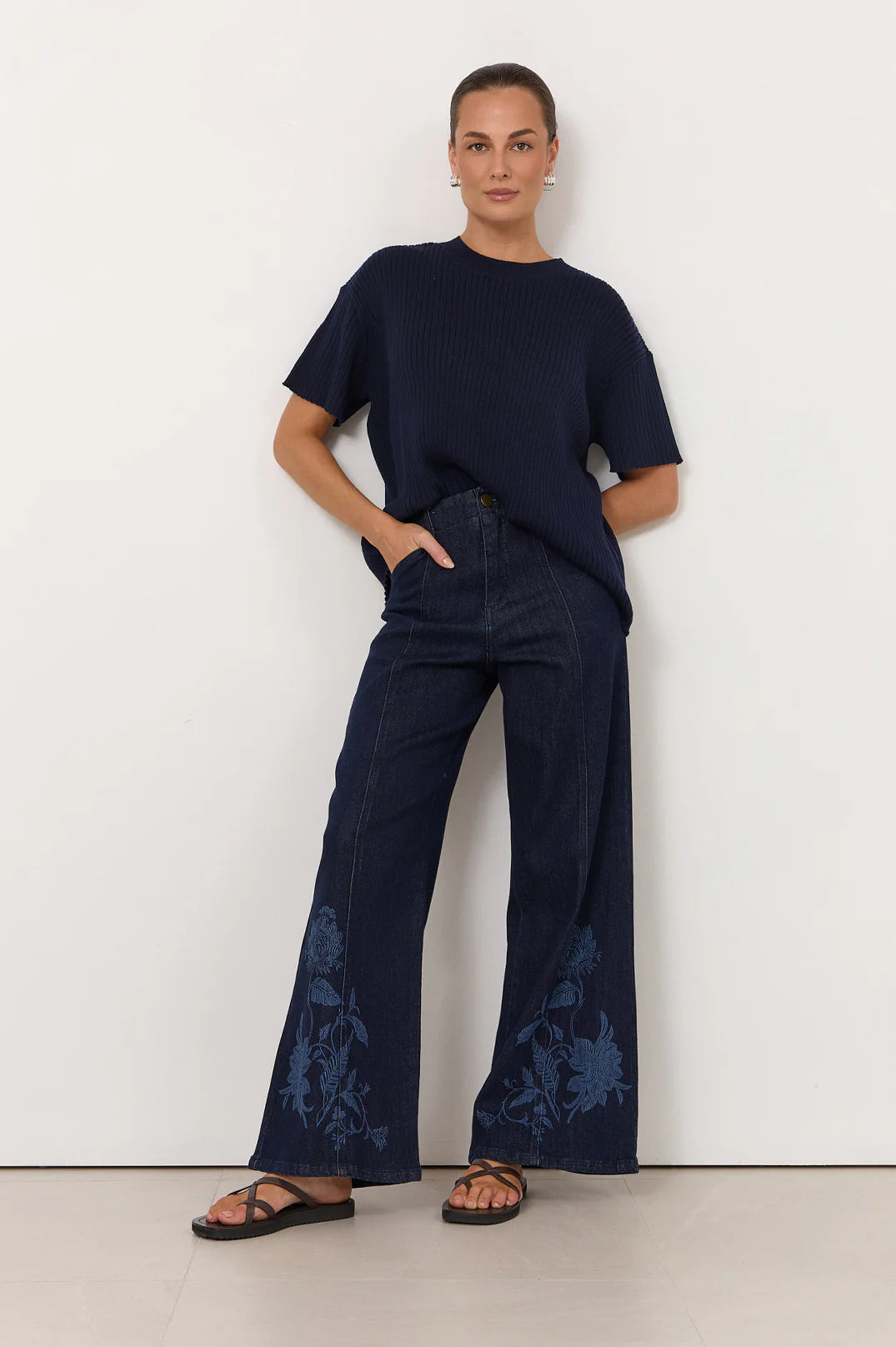 Brody Wide Leg Lazer Print Jean Dark Denim Bottoms Adorne