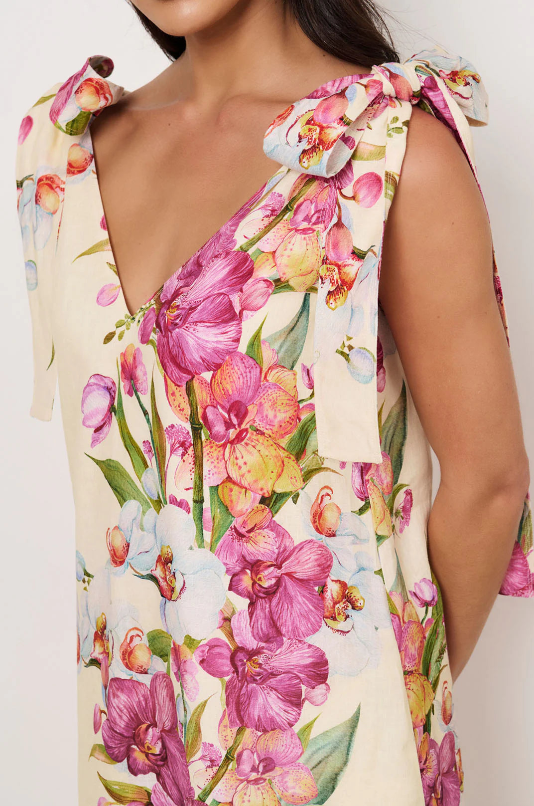 Hallie Tie Shoulder Linen Dress Print Dresses Adorne