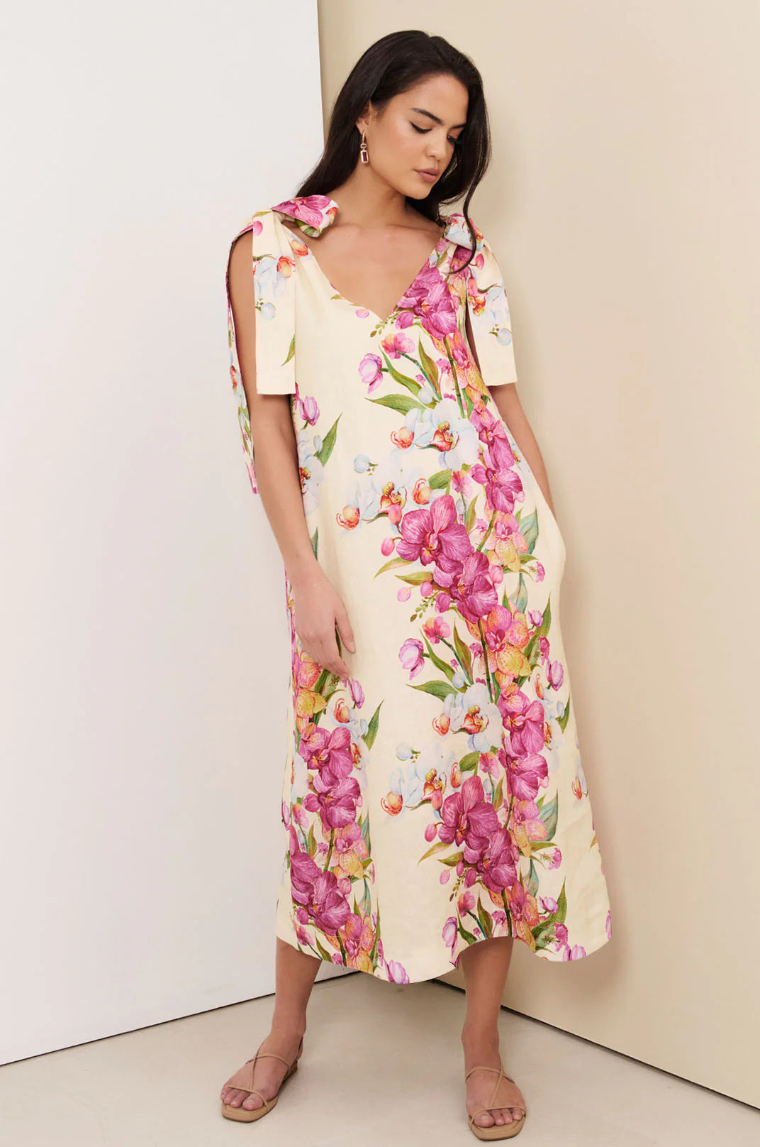 Hallie Tie Shoulder Linen Dress Print Dresses Adorne