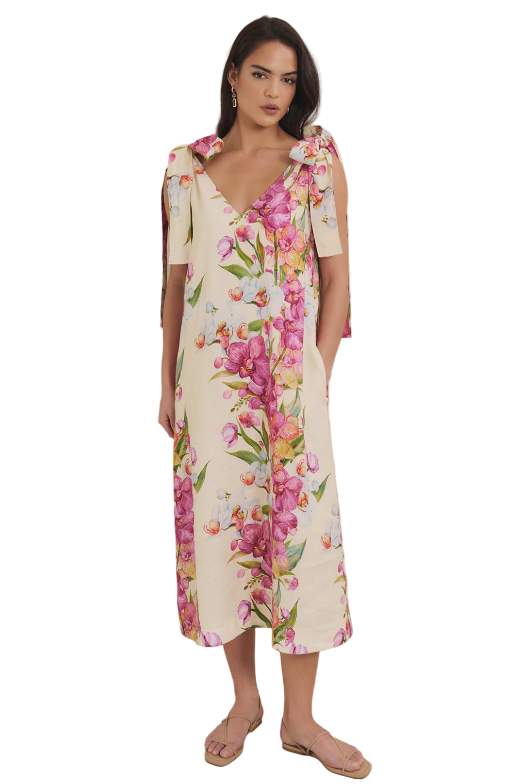 Hallie Tie Shoulder Linen Dress Print Dresses Adorne S(8)