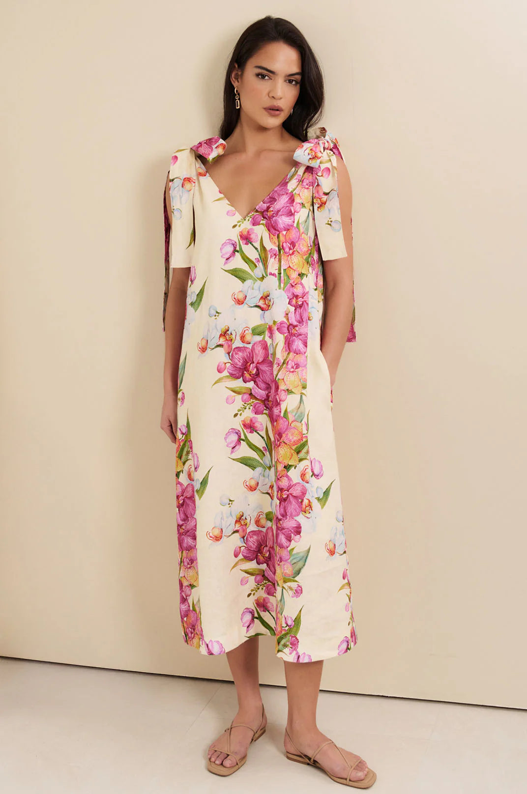 Hallie Tie Shoulder Linen Dress Print Dresses Adorne