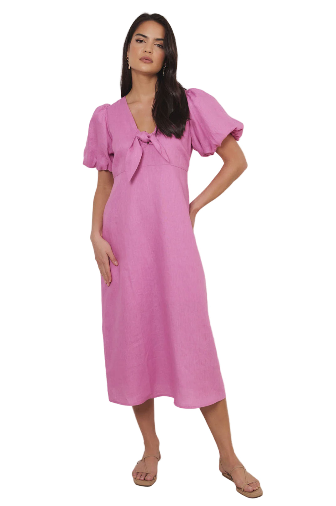 Marissa Tie Detail Linen Dress Pink Dresses Adorne