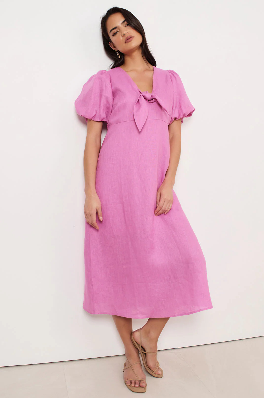 Marissa Tie Detail Linen Dress Pink Dresses Adorne
