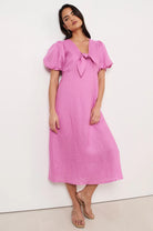 Marissa Tie Detail Linen Dress Pink Dresses Adorne