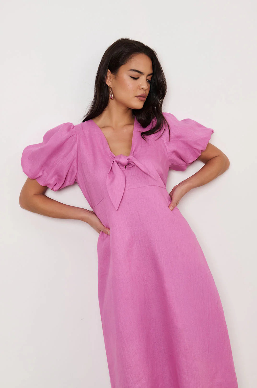Marissa Tie Detail Linen Dress Pink Dresses Adorne