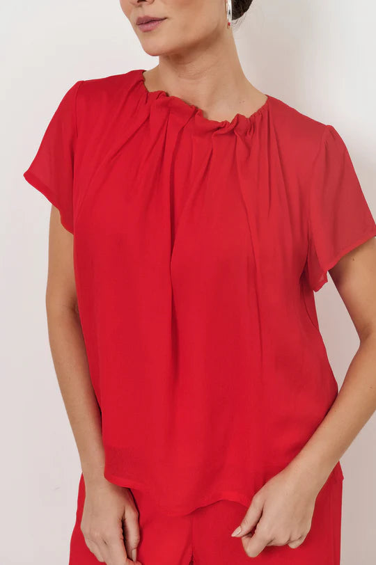 Candice Pleated Neckline Top Red Tops Adorne S(8)