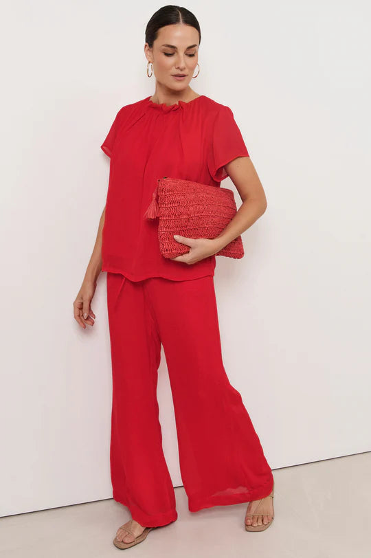 Candice Pleated Neckline Top Red Tops Adorne