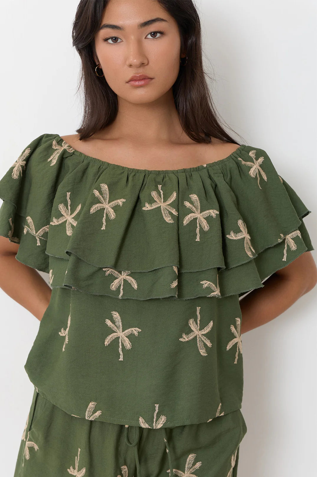 Kalani Embroidered Palm Top Green Tops Adorne