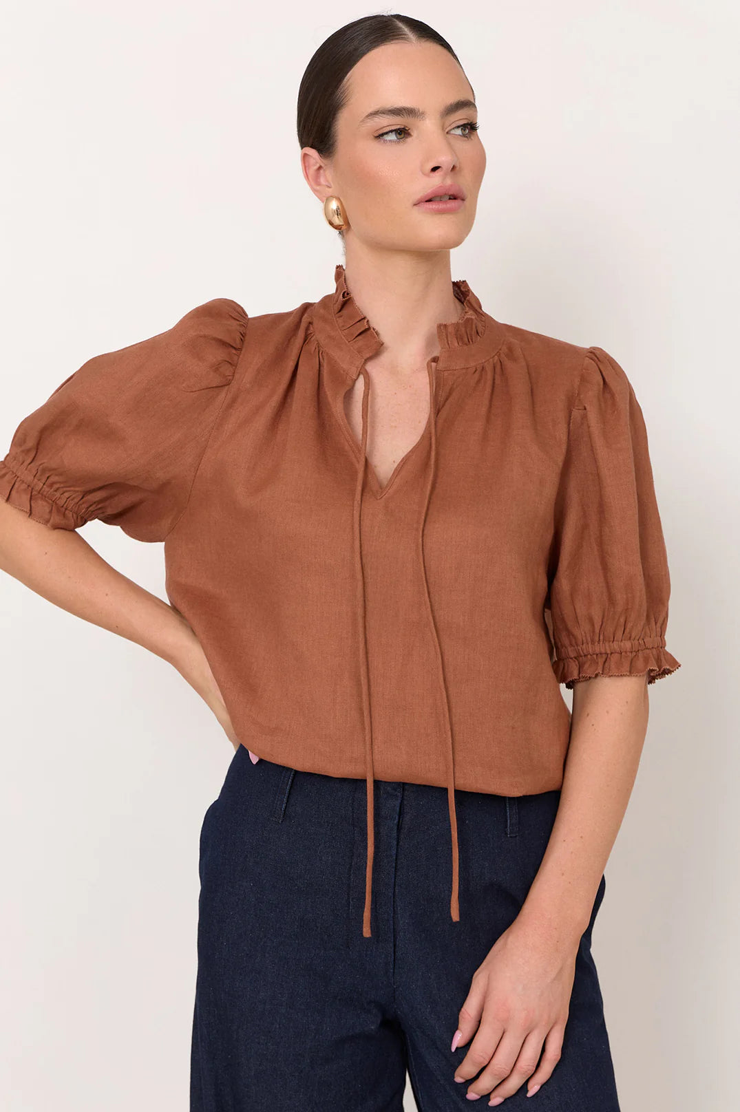 Sandra Short Sleeve Linen Top Tan Tops Adorne