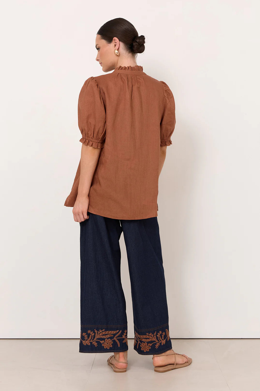 Sandra Short Sleeve Linen Top Tan Tops Adorne