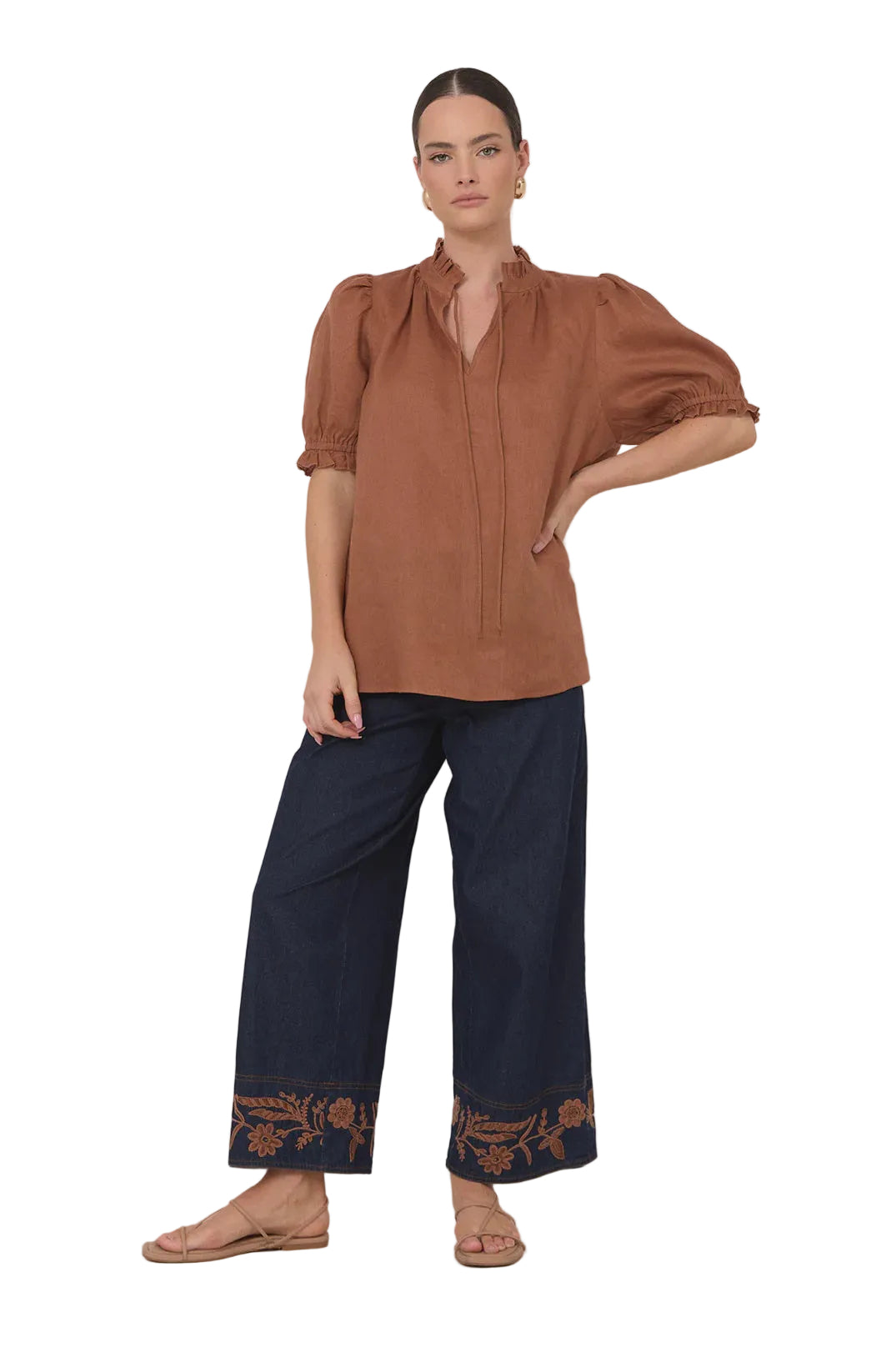 Sandra Short Sleeve Linen Top Tan Tops Adorne S(8)