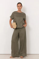 Dillon Linen Top Khaki Tops Adorne