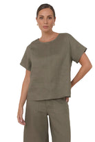 Dillon Linen Top Khaki Tops Adorne S(8)