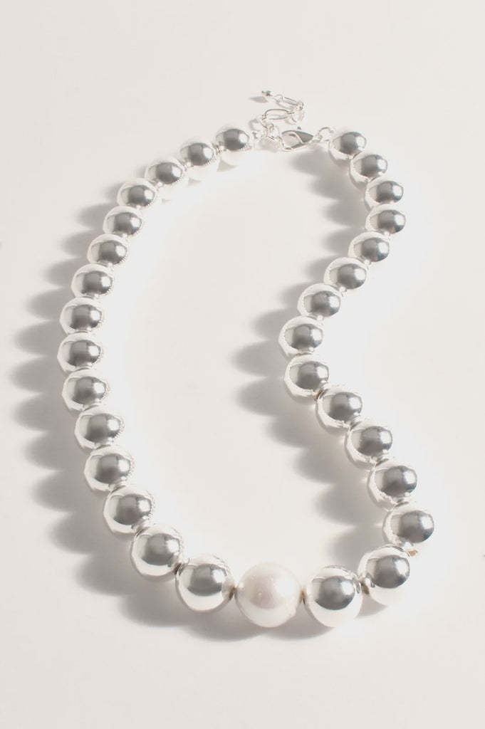 Pearl Centre Metal Ball Event Necklace Silver/Cream Necklaces Adorne   