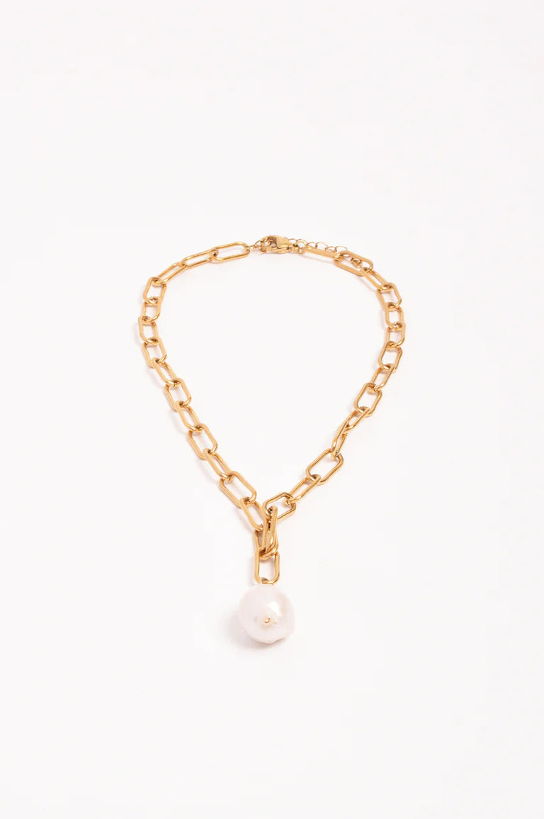 Rectangle Link Baroque Pearl Drop Necklace Gold Necklaces Adorne