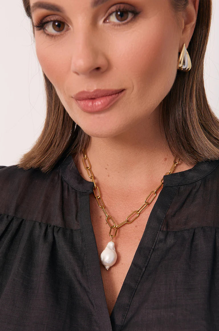 Rectangle Link Baroque Pearl Drop Necklace Silver Necklaces Adorne