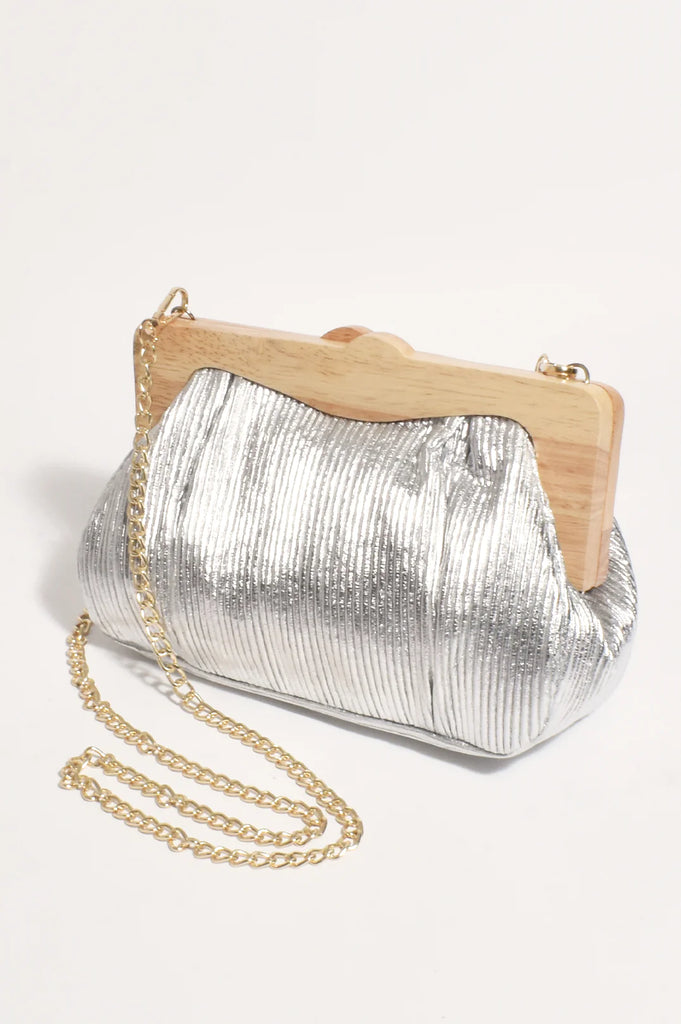 Mira Metallic Pleated Timber Frame Clutch Silver - Global Free Style