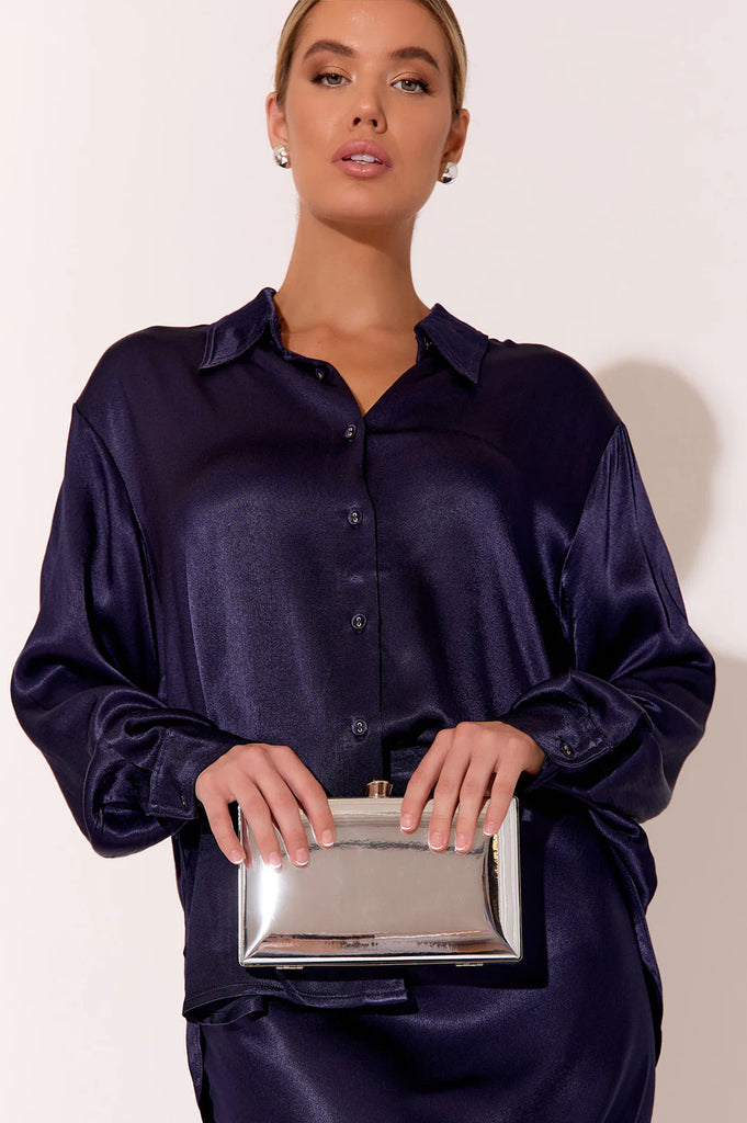 Mira Metallic Structured Clutch Silver Bags and Purses Adorne   