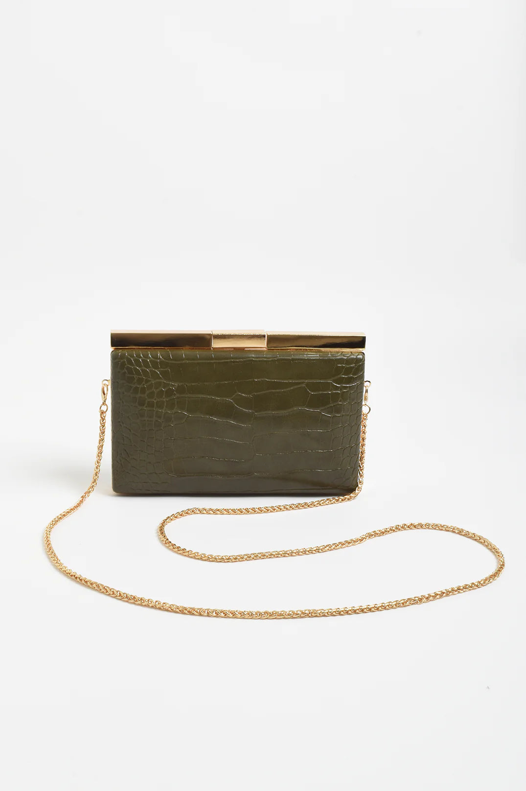 Savina Croc Structured Clutch Khaki Bags and Purses Adorne
