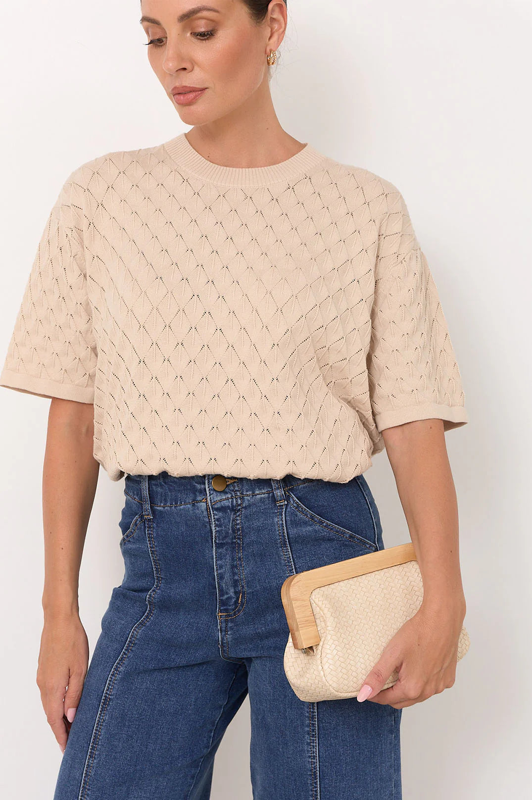 Kimmi Timber Frame Weave Clutch Nude Bags and Purses Adorne