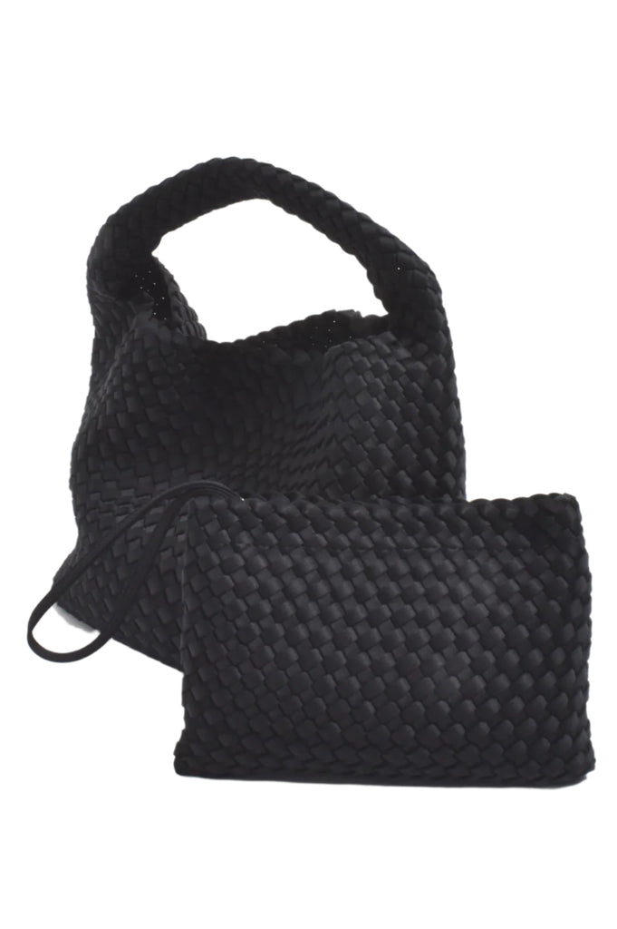Kaia Neoprene Woven Tote with Pouch Black Bags and Purses Adorne