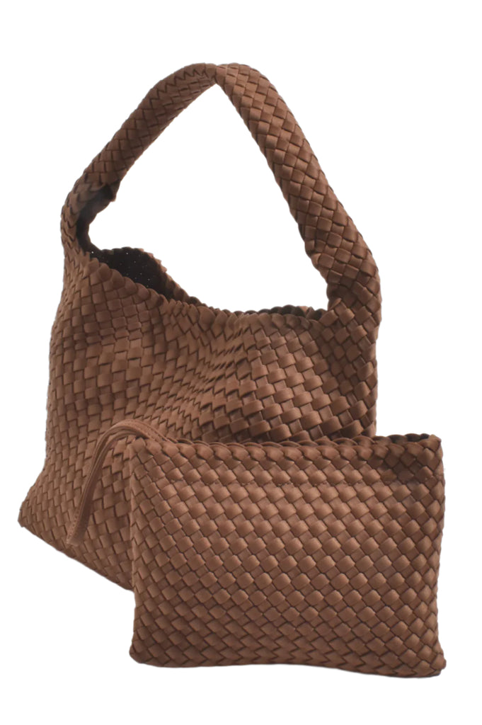 Kaia Neoprene Woven Tote with Pouch Coffee Bags and Purses Adorne