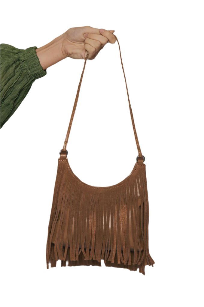 Kelsey Leather Suede Fringe Mini Bag Tan Bags and Purses Adorne