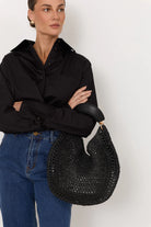 Round Weave Handle Handbag Black Bags and Purses Adorne