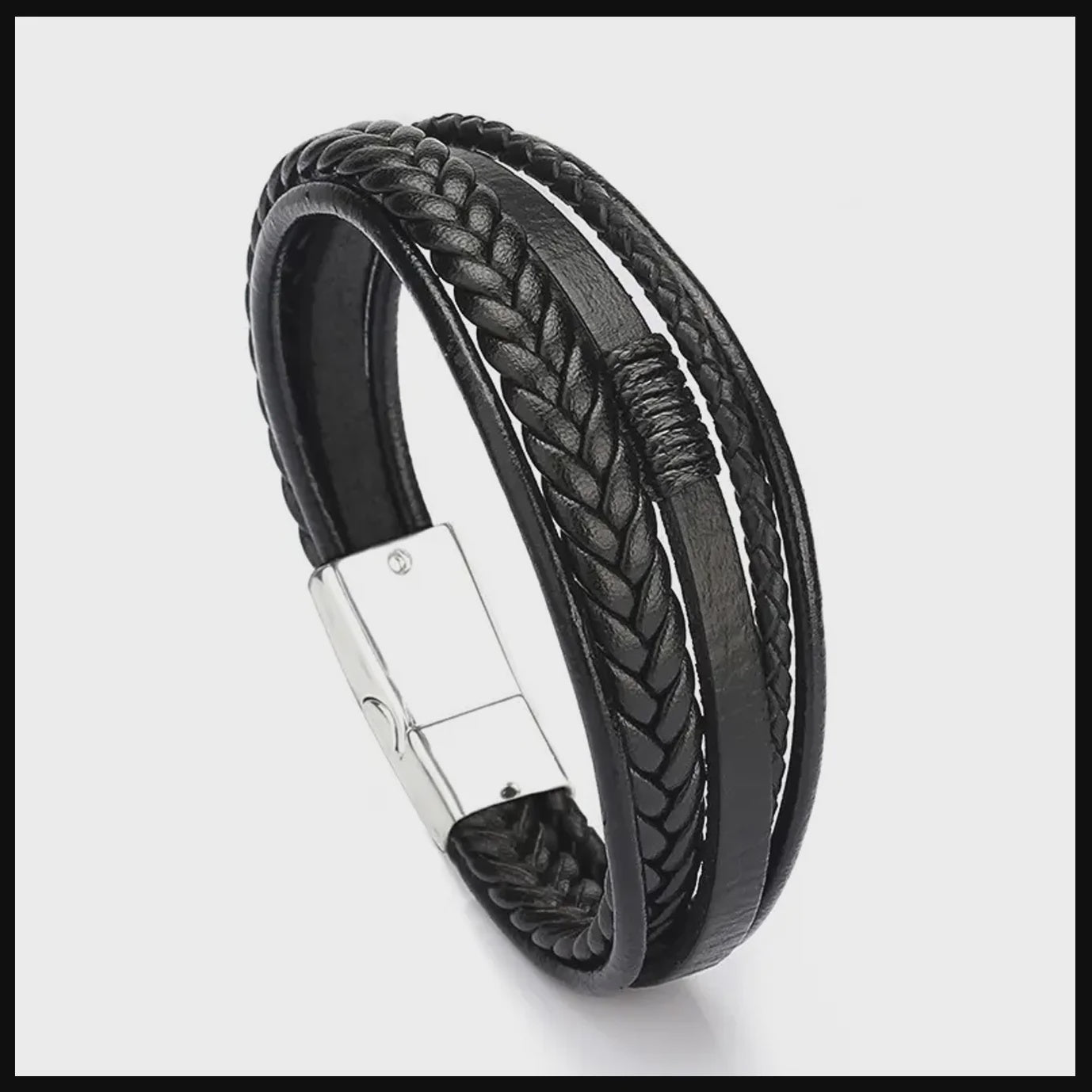 Mens Bracelet Leather Black Silver Bracelets and Bangles Beecham