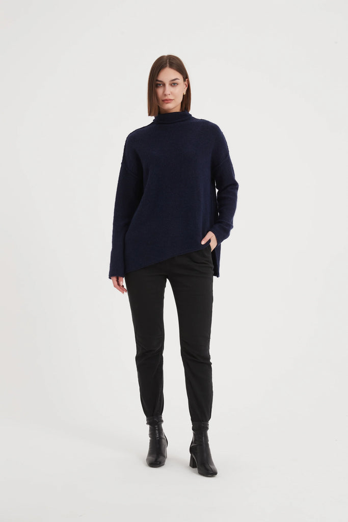 Exposed Seam Funnel Neck Knit Navy - Global Free Style