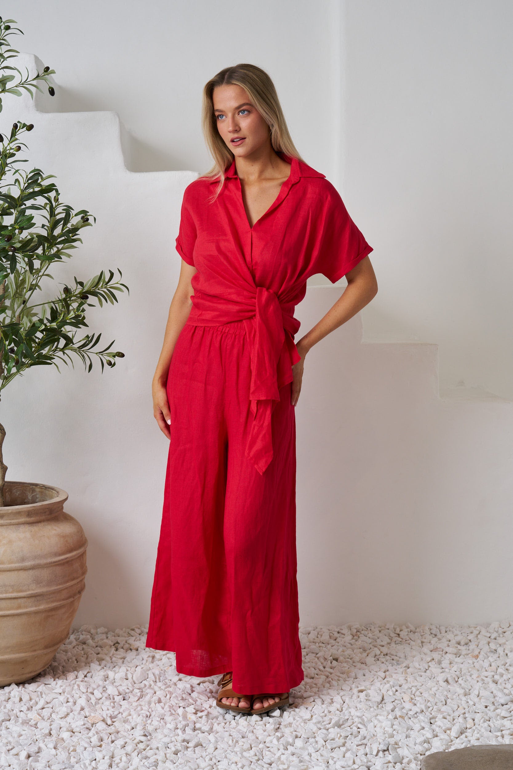 Baker Linen Shirt Red Tops Valeria Label