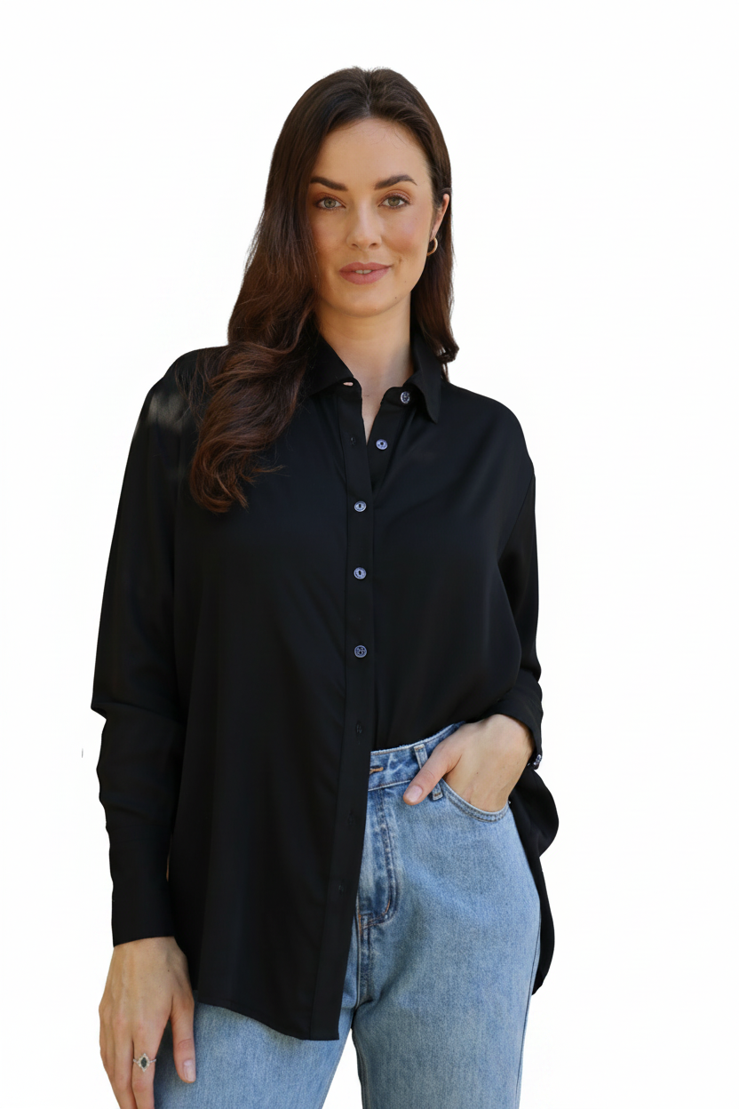 Solid Satin Shirt Black Tops Joops and Gypsy 8