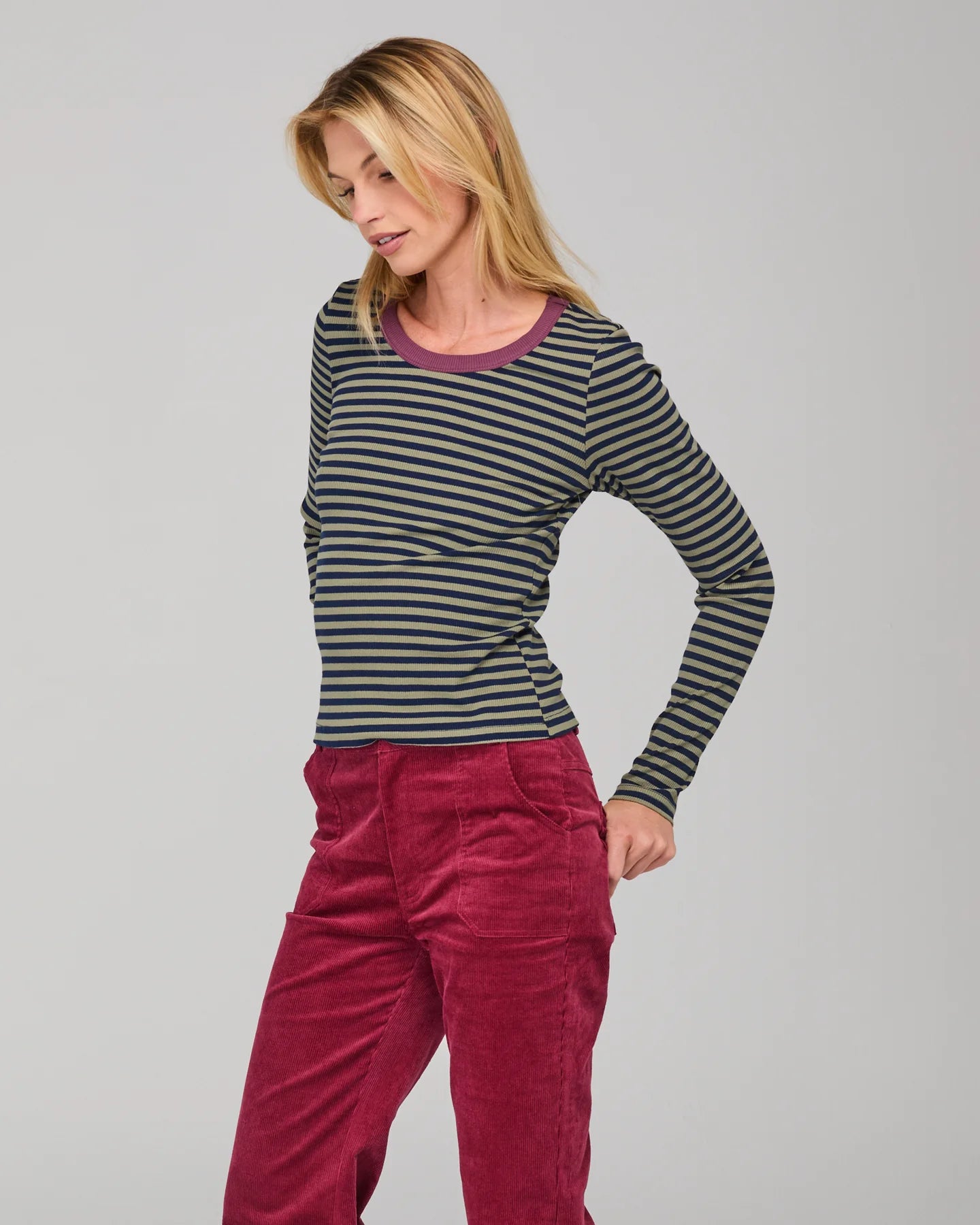 Bellissimo L/S Top Stripe Khaki/Navy Tops Boom Shankar