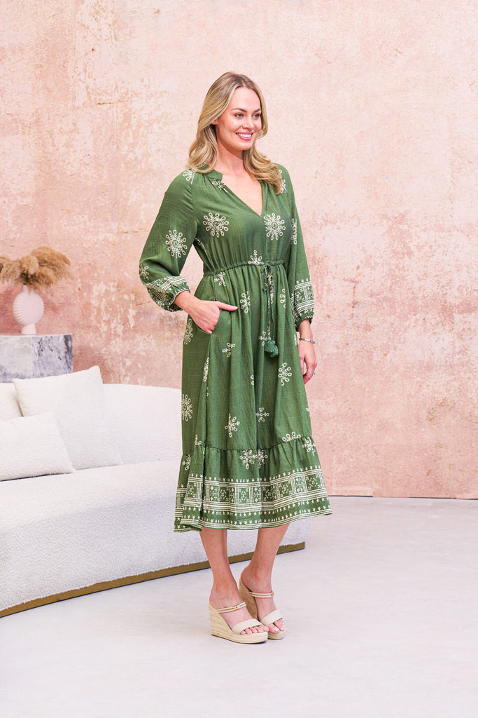 Solstice Midi Dress Green Print Dresses Boho   