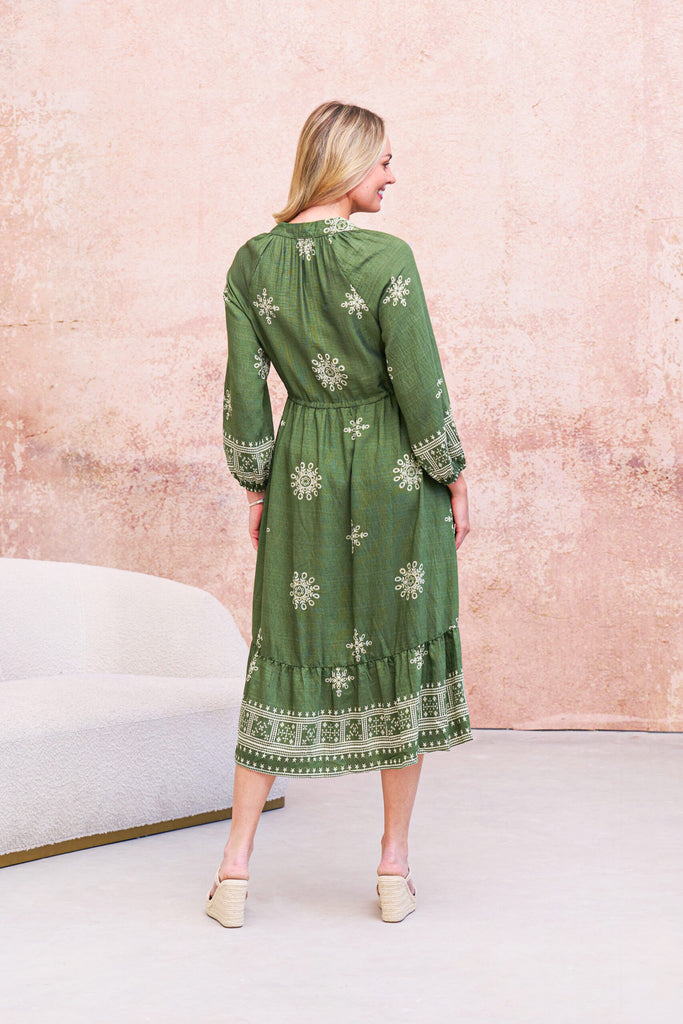 Solstice Midi Dress Green Print Dresses Boho   